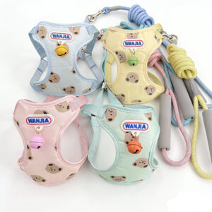 Cute Bear Print Dog Harness with Retractable Leash | Soft Nylon Vest for Small Dogs